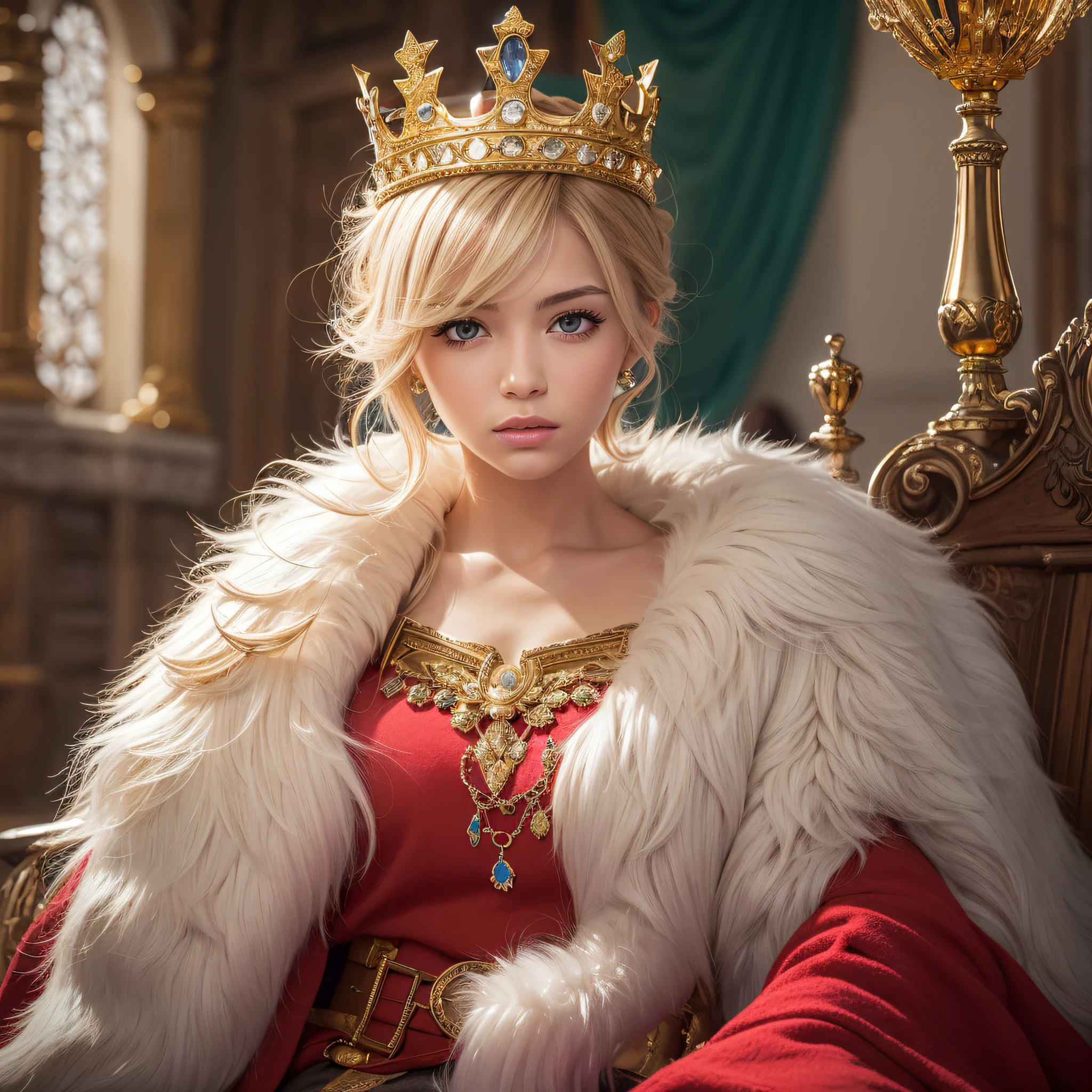 (masutepiece: 1.2, Best Quality), Realistic, (Realistic image, intricate-detail, depth of fields), Best Quality, masutepiece, Highly detailed, semi - realistic, 1 girl, maturefemale, 21 years old, Blonde short hair, Left eye covered with hair, Blue eyes, King's clothes, red cloak, slim figure, Crown made of precious gold, Read and mark documents, Goose Hair Pen, Office Table, Soft bench