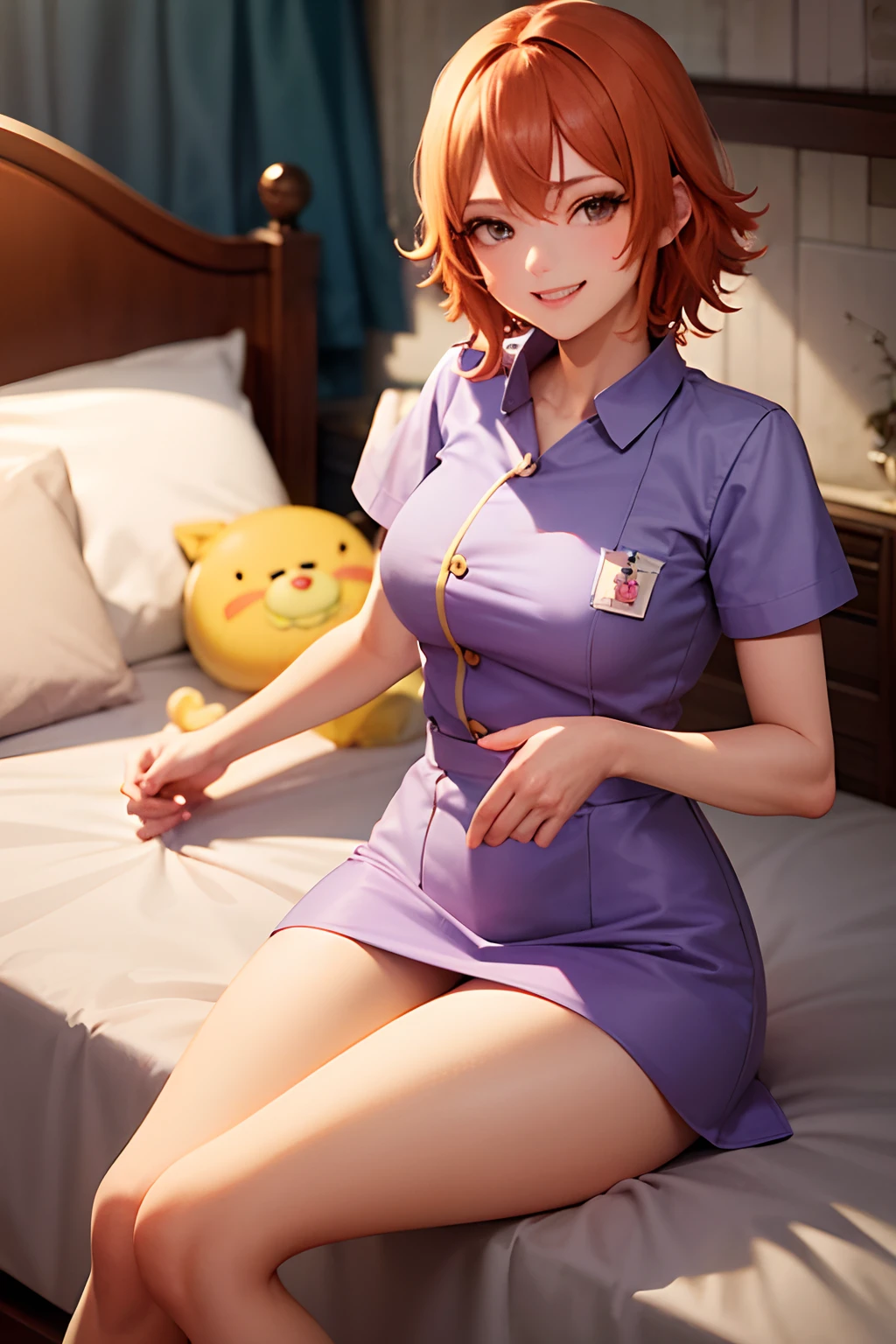 Hi-Res、Nami (onepiece)、masuter piece、top-quality、hight resolution、Adult woman 、独奏、grinning evily、evil smile、Evil plan、Orange hair、Pink nurse clothes、shorth hair、Brown-eyed、a miniskirt、darkened room、a bed