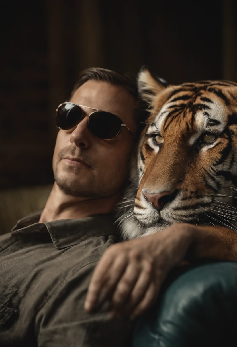 Tiger body Human male posture Lying on a recliner wearing sunglasses Hands on the back of the head Basking in the sun