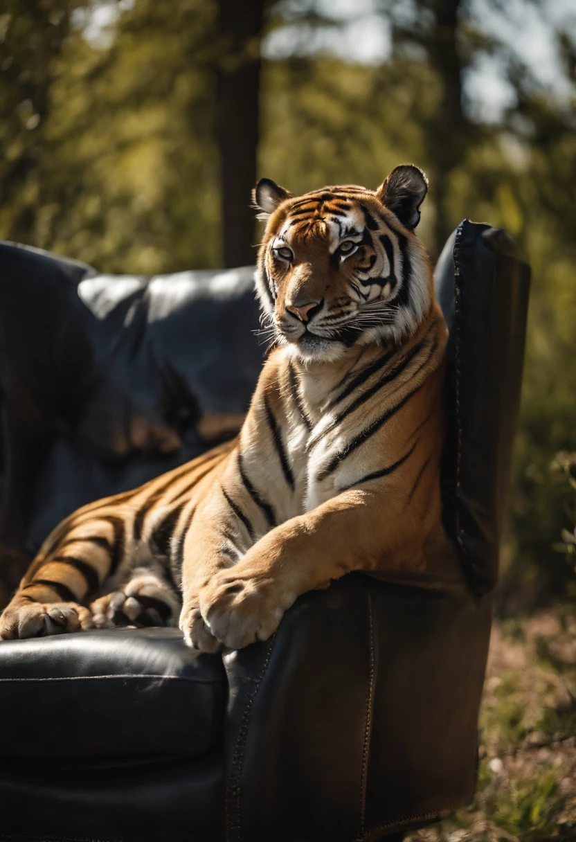 Tiger body Human male posture Lying on a recliner wearing sunglasses Hands on the back of the head Basking in the sun