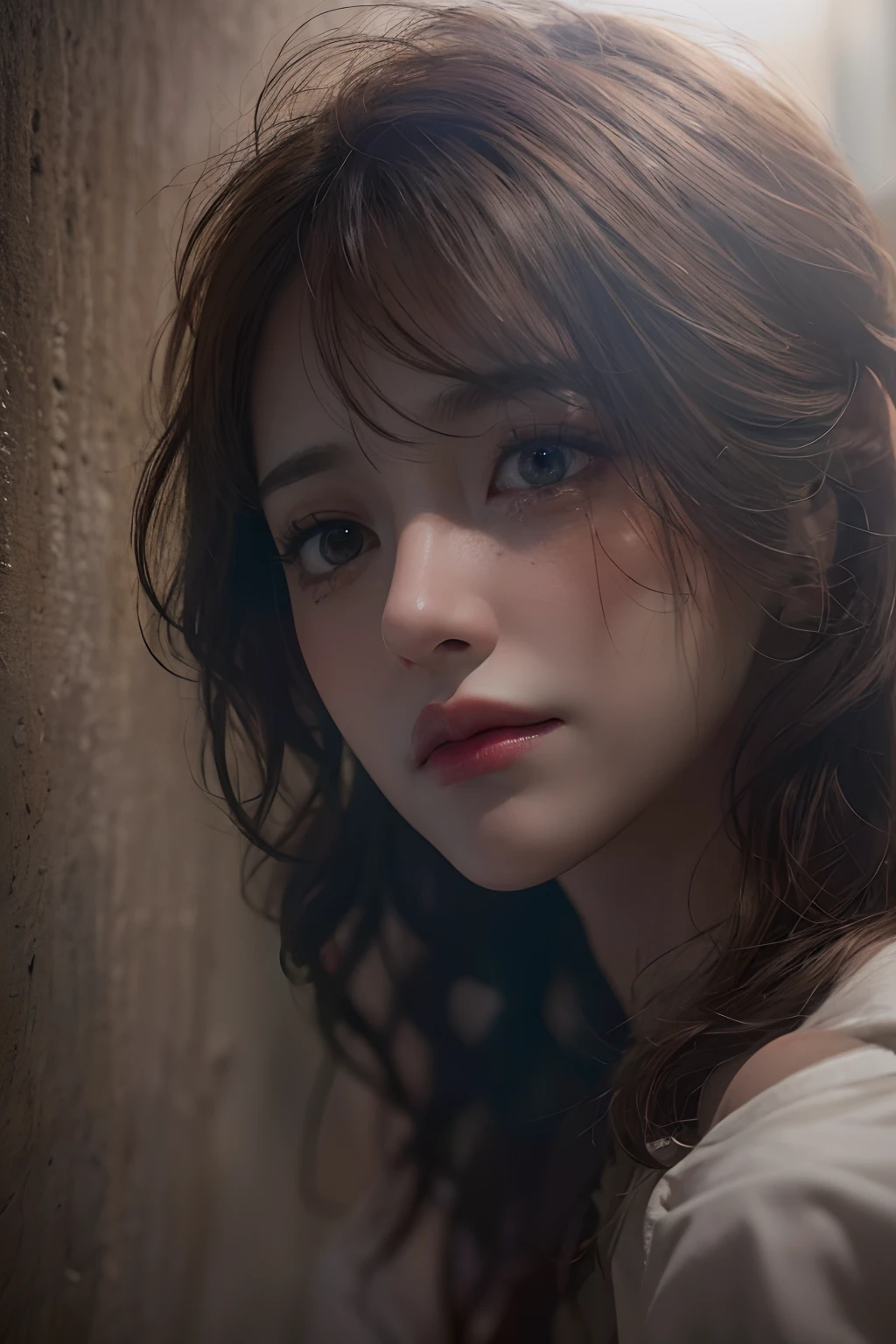 Best quality, masterpiece, ultra high res, (photorealistic:1.4), raw photo, (Authentic skin texture:1.3), (film grain:1.3), panorama, character portrait, very wide shot, narrow waist, cowboy shot, (in the dark, deep shadow, low key, cold light,) night, close-up, streaming tears, charming expression,
indoor, dust, Tyndall effect, disappointed, gloom (expression), sitting, (against wall), frown, (head bowed), nervous, tearing up, lonely,
1girl, beautiful detailed eyes and face, white jabot, off shoulder, brown eyes, mole under left eyes, detai skined, detai hair, hyperrealistic, dull body,