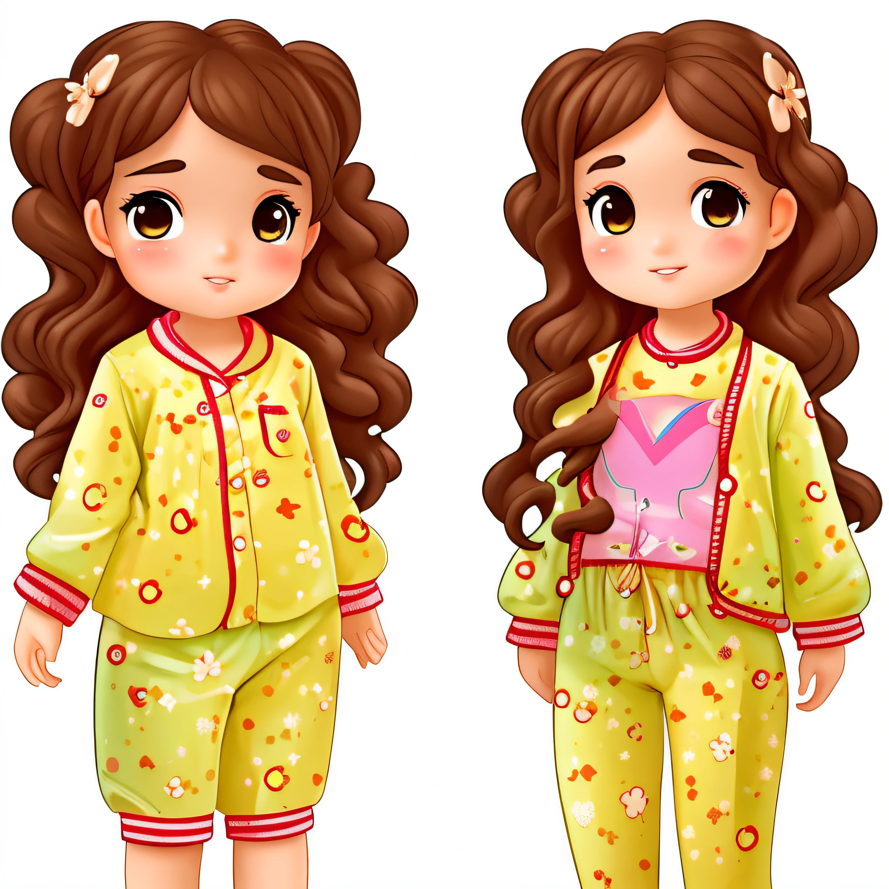  girl, multiple poses and expression, full body, white background, children's book illustration style, simple, cute, 6 years ht colors, long brown curly hair, fair skin, colorful pajamas