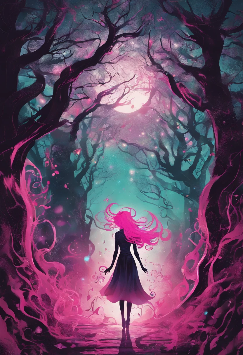 (a pink-haired demon woman,spells:1.1,glowing:1.1)(illustration)(best quality,ultra-detailed,realistic:1.37),demonic witch(demonic:1.1)(magic:1.1)(forest)(dark and mysterious,ominous atmosphere),casting powerful spells,creating magical energy(magic:1.1),vibrant pink hair(swirling pink hair)(flowing pink hair),horns(devil horns:1.1),piercing red eyes,enchanted scepter(magical scepter),elaborate dark robe,glowing magical sigils,fiery embers swirling(magical embers:1.1)(glowing embers),magical aura(glowing aura),eerie shadows,otherworldly presence(presence),sinister smile,nightfall in the background(dark night:1.1)(moonlit forest),lush and dense foliage(twisted trees)(mystical plants:1.1),mystical particles(swirling particles)(floating particles),ethereal glow(ethereal:1.1)(soft glow),faint moonlight breaking through the trees,haunting and captivating(scary atmosphere),bewitching beauty,wide range of colors(vivid colors)(contrasting colors),mystical realm,impressive details,dynamic composition,mesmerizing artwork,photorealistic style(picasso style),impressive shading and lighting,explosive energy,magical atmosphere(fantasy atmosphere),dreamlike scene