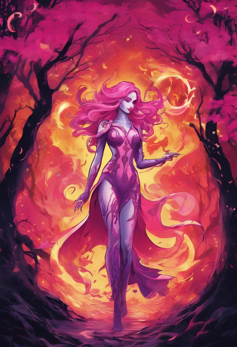 (a pink-haired demon woman,spells:1.1,glowing:1.1)(illustration)(best quality,ultra-detailed,realistic:1.37),demonic witch(demonic:1.1)(magic:1.1)(forest)(dark and mysterious,ominous atmosphere),casting powerful spells,creating magical energy(magic:1.1),vibrant pink hair(swirling pink hair)(flowing pink hair),horns(devil horns:1.1),piercing red eyes,enchanted scepter(magical scepter),elaborate dark robe,glowing magical sigils,fiery embers swirling(magical embers:1.1)(glowing embers),magical aura(glowing aura),eerie shadows,otherworldly presence(presence),sinister smile,nightfall in the background(dark night:1.1)(moonlit forest),lush and dense foliage(twisted trees)(mystical plants:1.1),mystical particles(swirling particles)(floating particles),ethereal glow(ethereal:1.1)(soft glow),faint moonlight breaking through the trees,haunting and captivating(scary atmosphere),bewitching beauty,wide range of colors(vivid colors)(contrasting colors),mystical realm,impressive details,dynamic composition,mesmerizing artwork,photorealistic style(picasso style),impressive shading and lighting,explosive energy,magical atmosphere(fantasy atmosphere),dreamlike scene