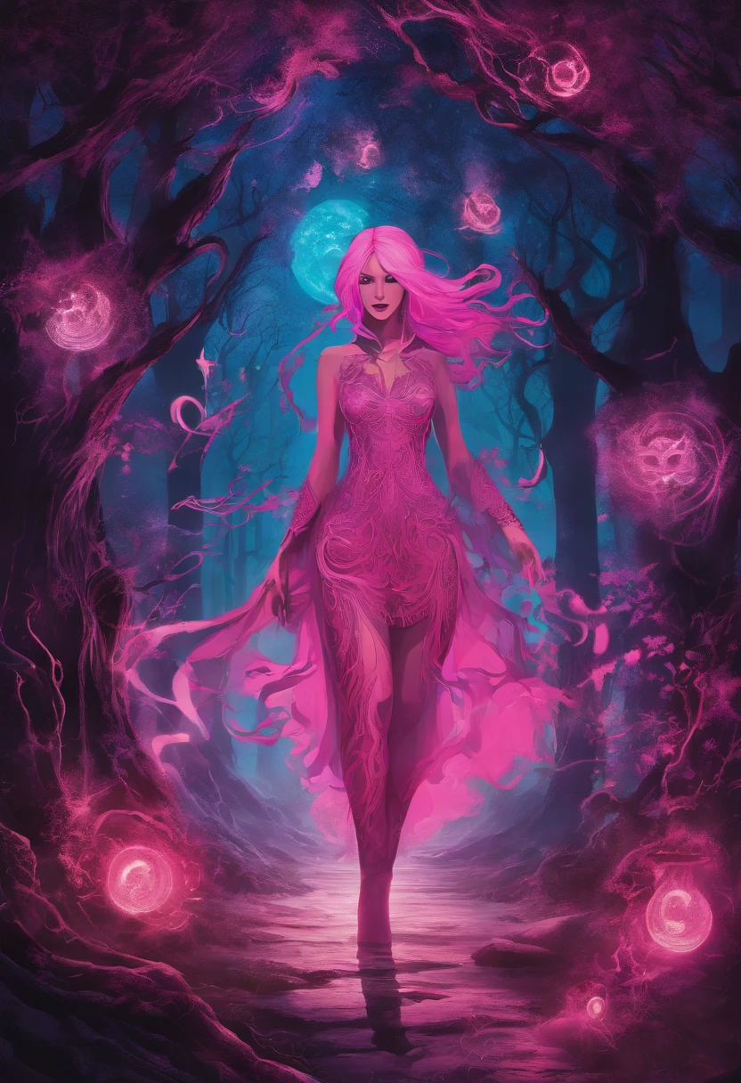 (a pink-haired demon woman,spells:1.1,glowing:1.1)(illustration)(best quality,ultra-detailed,realistic:1.37),demonic witch(demonic:1.1)(magic:1.1)(forest)(dark and mysterious,ominous atmosphere),casting powerful spells,creating magical energy(magic:1.1),vibrant pink hair(swirling pink hair)(flowing pink hair),horns(devil horns:1.1),piercing red eyes,enchanted scepter(magical scepter),elaborate dark robe,glowing magical sigils,fiery embers swirling(magical embers:1.1)(glowing embers),magical aura(glowing aura),eerie shadows,otherworldly presence(presence),sinister smile,nightfall in the background(dark night:1.1)(moonlit forest),lush and dense foliage(twisted trees)(mystical plants:1.1),mystical particles(swirling particles)(floating particles),ethereal glow(ethereal:1.1)(soft glow),faint moonlight breaking through the trees,haunting and captivating(scary atmosphere),bewitching beauty,wide range of colors(vivid colors)(contrasting colors),mystical realm,impressive details,dynamic composition,mesmerizing artwork,photorealistic style(picasso style),impressive shading and lighting,explosive energy,magical atmosphere(fantasy atmosphere),dreamlike scene