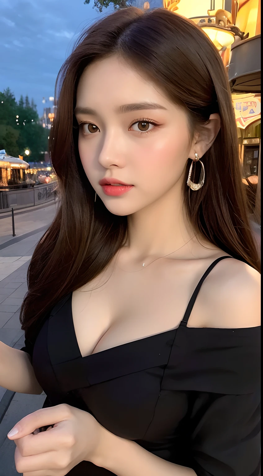 ((Realistic lighting, Best Quality, 8K, masutepiece: 1.3)), Clear focus: 1.2, 1girl in, Perfect Body Beauty: 1.4, Slim abs: 1.1, ((dark brown hair)), (White Dress: 1.4), (plein air, Night: 1.1), the city street, Ultra-fine face, Fine eyes, Double eyelids, calm temperament, 30 generations