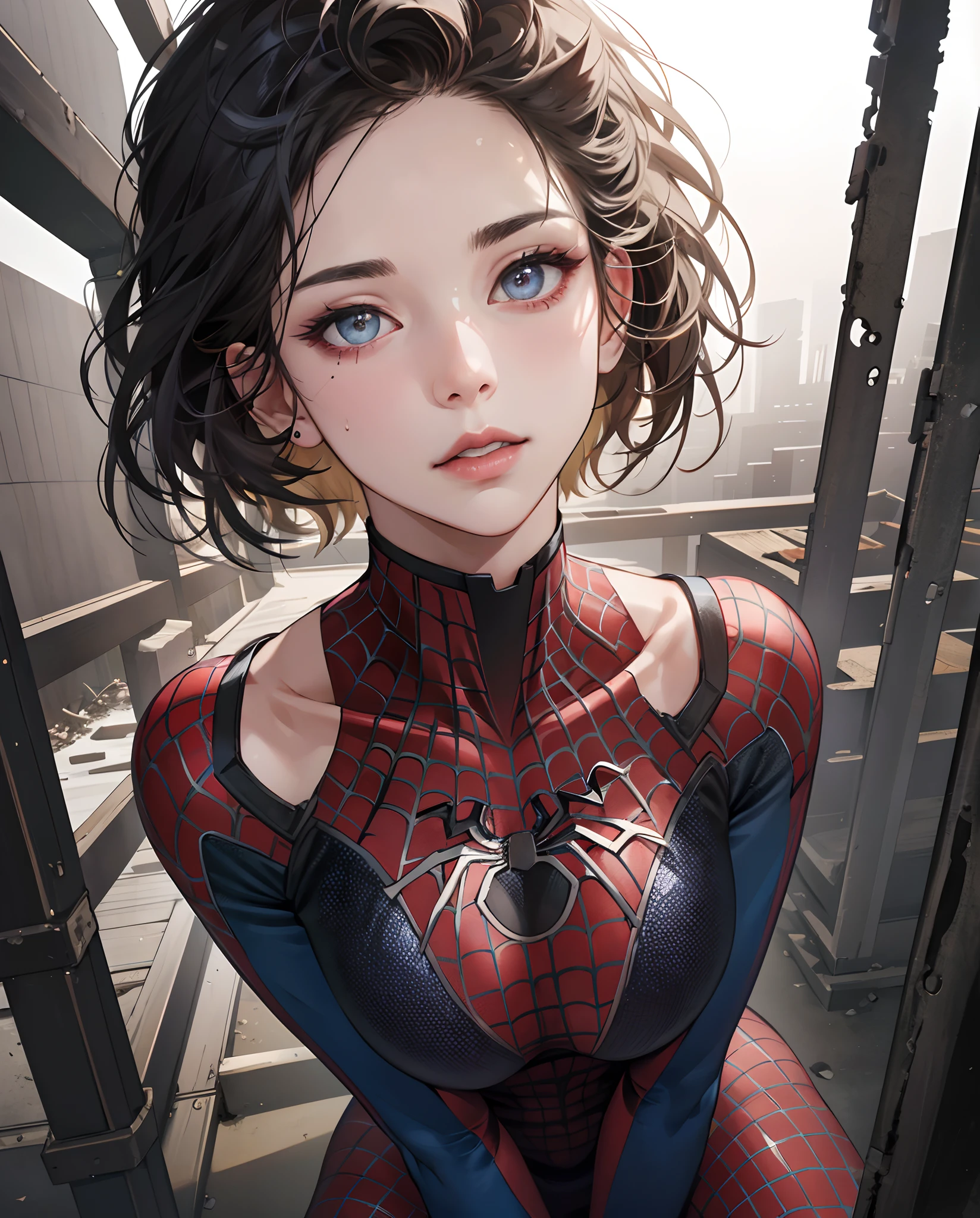 (1girl:1.3), solo, (((extremely detailed face))),(((extremely detailed eyes and face)),beautiful detailed eyes,body-parts__, official art, 8k unified wallpaper, super detailed, beautiful and aesthetic, beautiful, masterpiece, best quality, raw, masterpiece, super thin photo, best quality, super high resolution, photorealistic realism, sunlight, full body portrait, amazing beauty,, dynamic pose, delicate face, vibrant eyes, (from the front), she is wearing a Spider-Man suit, red and black color scheme, spider, very detailed abandoned warehouse background, detailed face, detailed complex busy background, messy, gorgeous, milky white, highly detailed skin, realistic skin details, visible pores, sharp focus, volumetric fog, 8k uhd, DSLR, high quality, film grain, light skin, photographic realism, Lomography, huge metropolis in future dystopia, seen from below, translucent