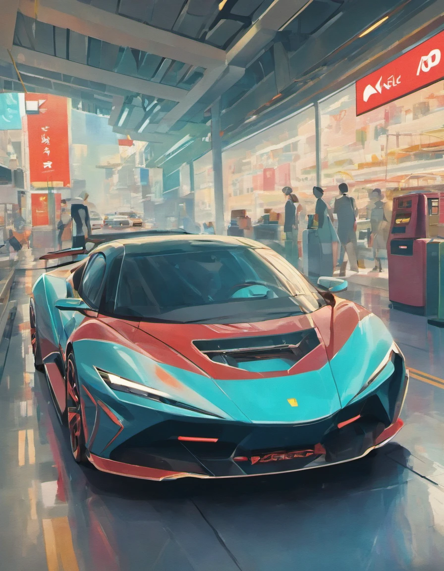 There is a car charging at a charging station with a charger,depicted as a 3D rendering,cg arte,photorender,Carregamento pela cidade,Angled rendering A blue car with black wheels is shown on a gray surface, carro conceito futurista, conceito de carro futurista, carro conceito, carros futuristas, produto futurista carro tiro, concept automobile design, carro futurista, design de carro conceito, conceito de carro, Conceito de RA, prototype car, Supercarro, Ferrari , aerodynamic body, render de Supercarroro futurista, Pininfarina, design de carro moderno