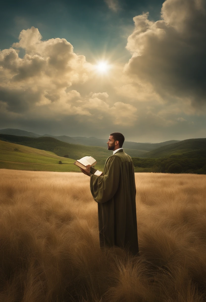 tema: Deus conosco
Estilo: Realistic, com cores vivas e contrastes
Elementos: Uma pessoa caminhando por um campo verde, holding a bible in his right hand and a bright light in his left hand. A luz ilumina o caminho da pessoa e forma a palavra "Deus" nas nuvens. The sky is blue and the clouds are white. A imagem transmite paz, Confidence and joy.