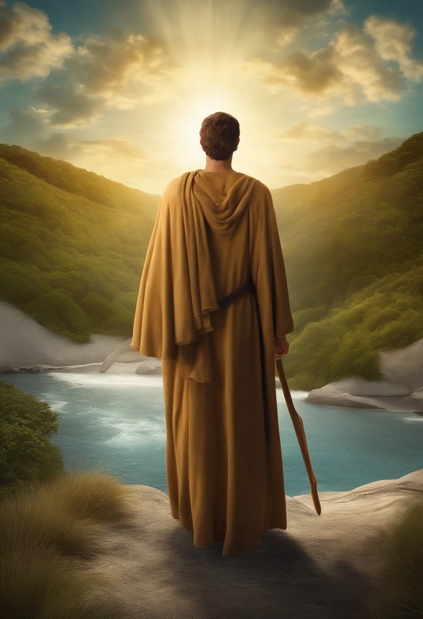 tema: Deus conosco
Estilo: Realistic, com cores vivas e contrastes
Elementos: Uma pessoa caminhando por um campo verde, holding a bible in his right hand and a bright light in his left hand. A luz ilumina o caminho da pessoa e forma a palavra "Deus" nas nuvens. The sky is blue and the clouds are white. A imagem transmite paz, Confidence and joy.