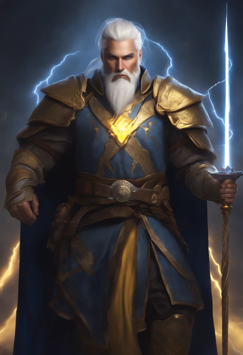 male, a god, white beard, white hair with a manbun, medieval robe, shoulder armor, arms behind his back, lightning eyes, holding a bolt of yellow lightning, blue glow