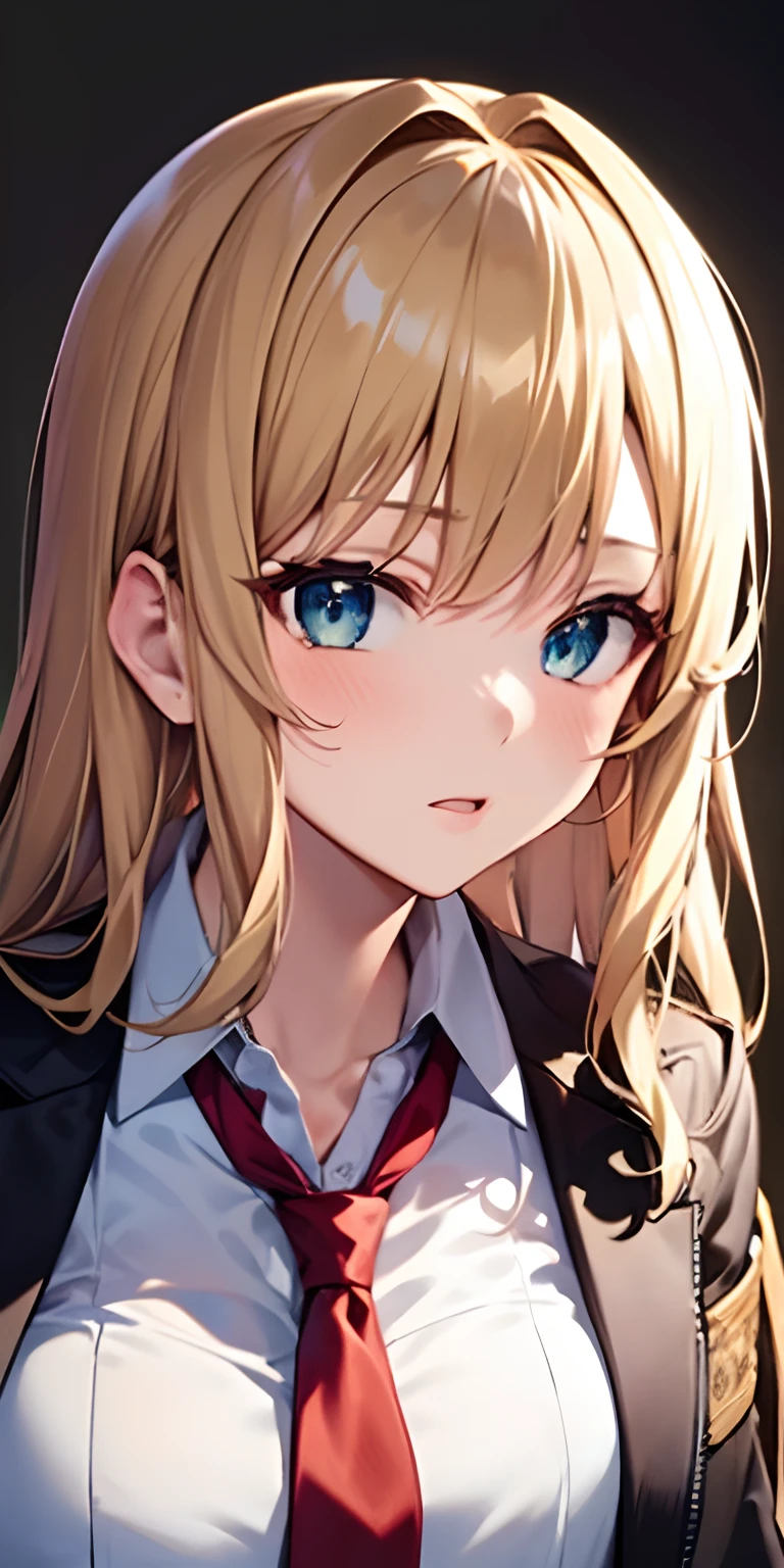 a girl with long blonde hair wearing a tie, Mahiru shiina, cg society, remodernism, anime, ultra detailed, best quality, expressive eyes, perfect face