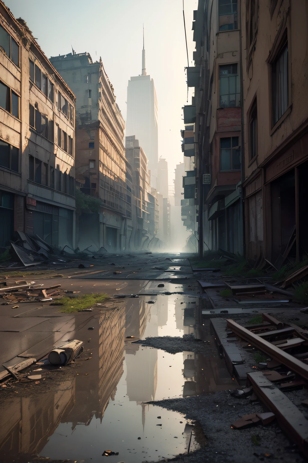 (best quality,4k,8k,highres,masterpiece:1.2),ultra-detailed,(realistic,photorealistic,photo-realistic:1.37),destruction,chaos,crumbling buildings,collapsed structures,big avenue surrounded by demolished buildings,with an entrance to the subway,1900s era,ancient era,deserted city,urban decay,vibrant colors,impressive scale,atmospheric lighting,cracked pavements,dust and debris,overgrown vegetation,post-apocalyptic,17th century architecture,decaying beauty,desolate landscapes,remnants of humanity,urban exploration.