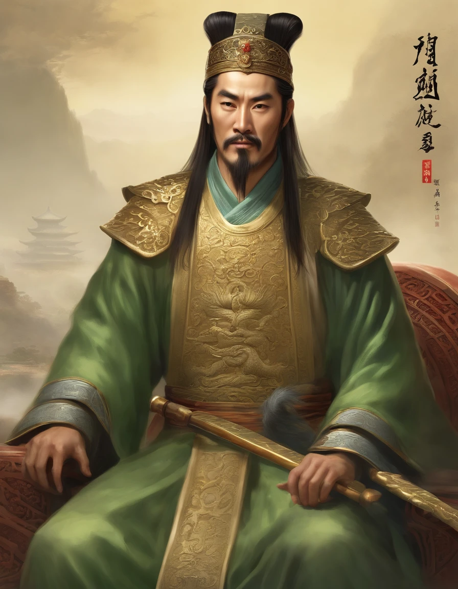 Liu Bei, a prominent figure during the Three Kingdoms period in ancient China, possessed a tall and sturdy stature, a kind and benevolent facial expression, and a pair of bright and powerful eyes. He typically wore magnificent robes, often opting for blue or green as the primary colors. These robes were adorned with dragon patterns or other luxurious decorations, symbolizing his regal demeanor. Liu Bei commonly wielded a longsword, which belonged to the ancient category of swords with a slender blade and an exquisite hilt. The hilt might have been embellished with gemstones or other precious materials, enhancing its opulence.