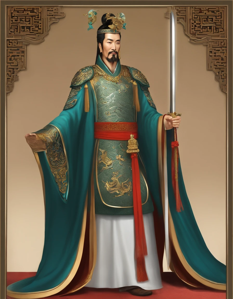 Liu Bei, a prominent figure during the Three Kingdoms period in ancient China, possessed a tall and sturdy stature, a kind and benevolent facial expression, and a pair of bright and powerful eyes. He typically wore magnificent robes, often opting for blue or green as the primary colors. These robes were adorned with dragon patterns or other luxurious decorations, symbolizing his regal demeanor. Liu Bei commonly wielded a longsword, which belonged to the ancient category of swords with a slender blade and an exquisite hilt. The hilt might have been embellished with gemstones or other precious materials, enhancing its opulence.