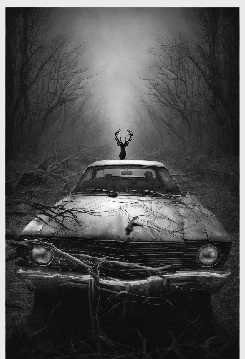 A couple driving on the road sees a monster with a deer-headed figure,bucktooth,deer antlers,On the highway,Inside the car,Roadside weeds grow