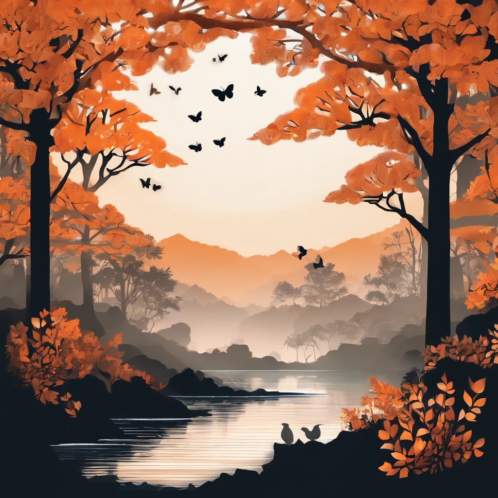 (best quality,4k,highres,masterpiece:1.2),ultra-detailed,realistic,hdr,dreamy orange and black pastel color palette,intricate paper art style illustration,forest,river running,colorful butterflies,dense foliage,vibrant flowers,towering trees,sunlight filtering through the leaves,peaceful atmosphere,reflection on the water,serene ambiance,soft lighting,dream-like,ethereal scenery,magical and enchanting environment.