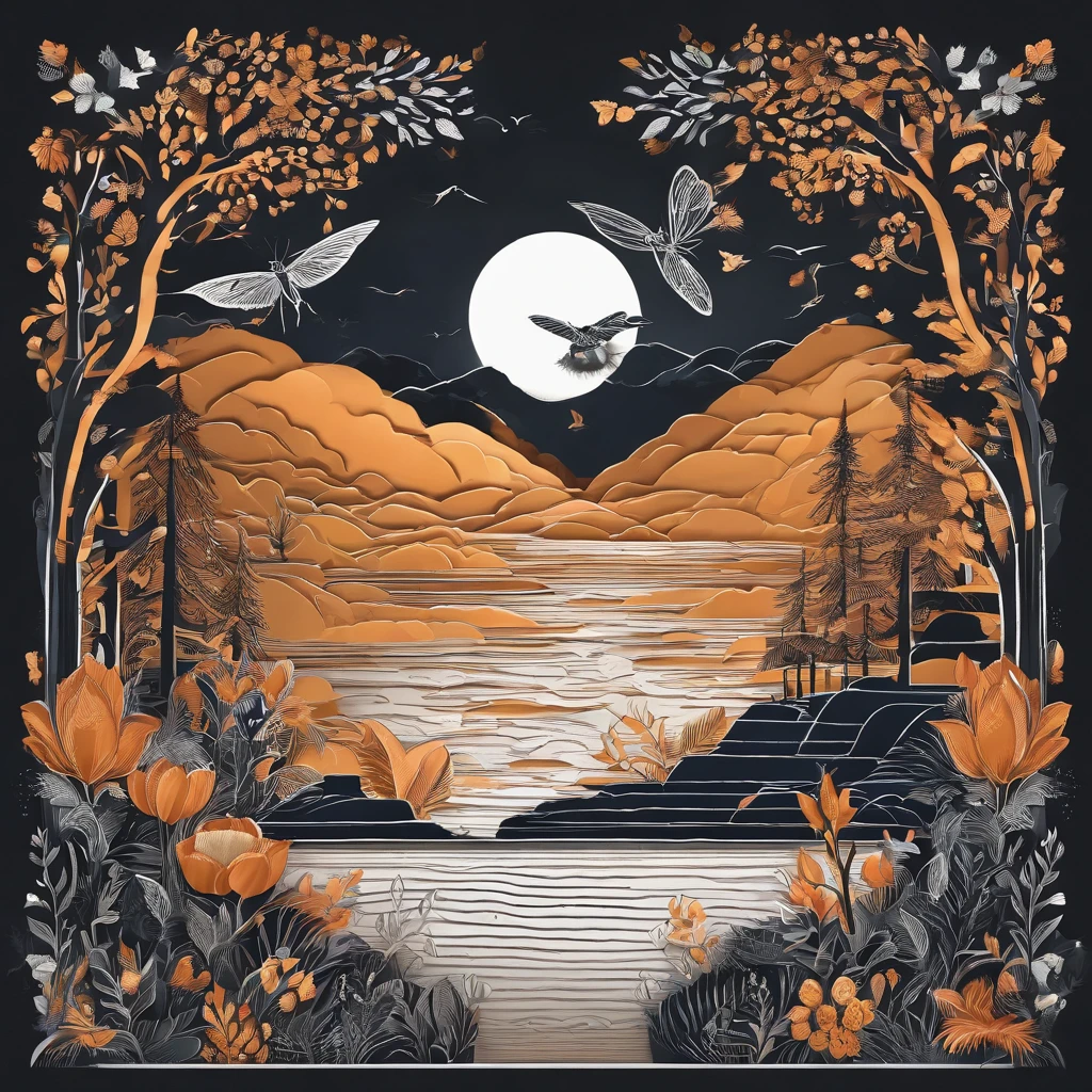 (best quality,4k,highres,masterpiece:1.2),ultra-detailed,realistic,hdr,dreamy orange and black pastel color palette,intricate paper art style illustration,forest,river running,colorful butterflies,dense foliage,vibrant flowers,towering trees,sunlight filtering through the leaves,peaceful atmosphere,reflection on the water,serene ambiance,soft lighting,dream-like,ethereal scenery,magical and enchanting environment.