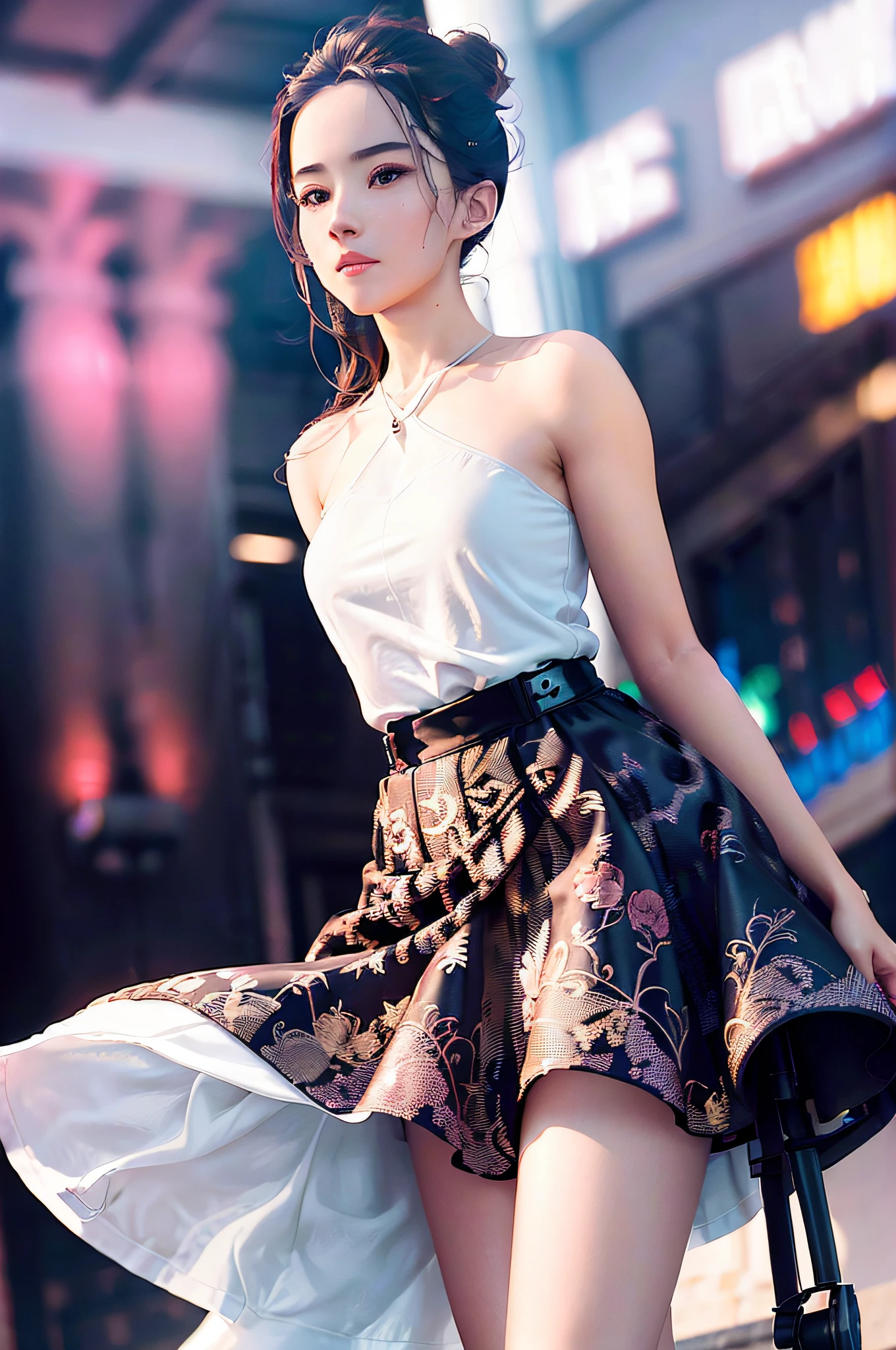 White shirt，Girl in hip skirt，beautiful teenage girl，exquisite facial features，Stand and turn to face the audience