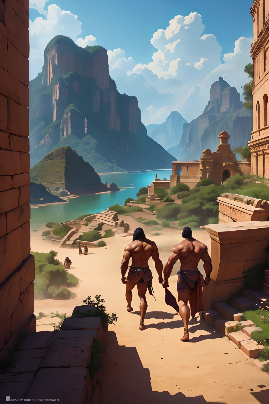 (SFW)Arte similar Jonh Buscema((melhor qualidade)), ((obra-prima)), (detalhado), Conan, the Barbarian, is imposing in an ancient lost city. Corpo perfeito cinzelado, rosto insanamente bonito e masculino. Sunlight highlights his muscles and scars. The scenery is lush and mysterious, with ruins and vegetation. The camera details everything.