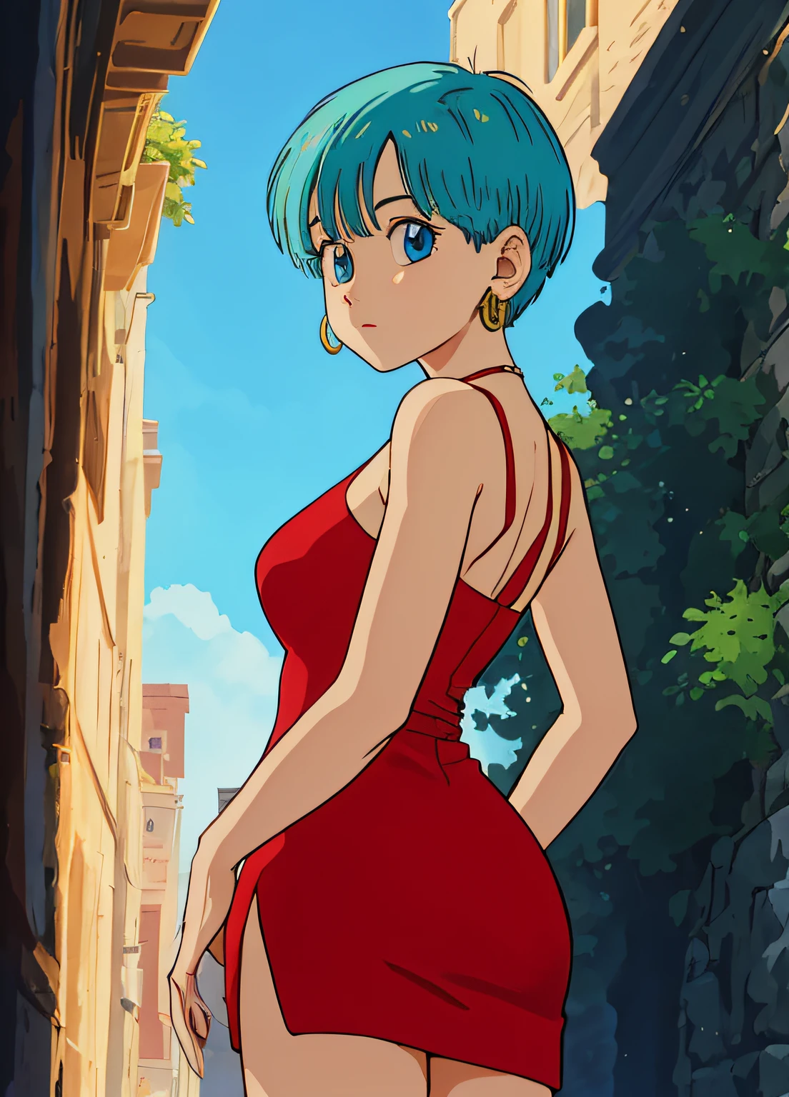 masterpiece, best quality, highest quality, (perfect lighting: 1.4), (photorealistic), perfect anatomy, perfect face, perfect eyes, bulmadbzreddress, aqua hair, short hair, blue eyes, earrings, full body, with a red miniskirt , from behind, very nice ass