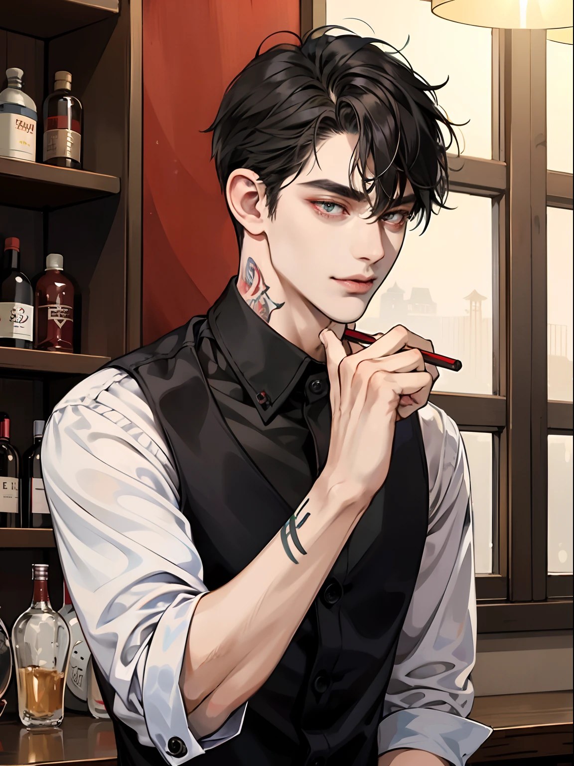 1boy,10 talents、(Man's :2) ,Handsome boy,A dark-haired、tattooed、(Upper body :1.5)、bottle、black shirt、mid night 、ink and watercolor painting、Chinese charactersa、dark ilumination、hightquality、masutepiece,8K,Bartender guy, fringe hairstyle, neck tattoo, bartender guy, wearing bartender suit, black hair fringe style, [[[red eye color]]], bar scenery, red eye color, fringe hair cut, red eye, smirking face, 27-ish age, wolf pet.