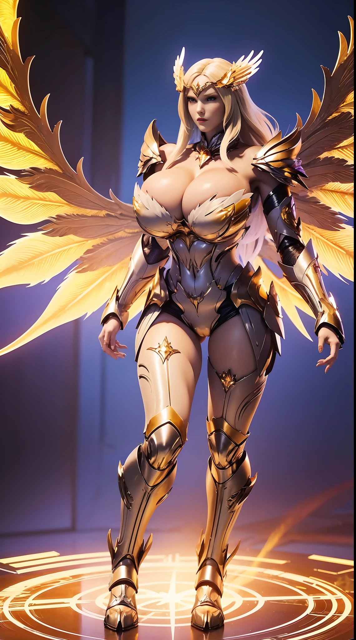 HUGE BOOBS, MECHA ARMOR FULL SUIT, (CLEAVAGE), (A PAIR LARGEST PHOENIX WINGS), TRANSPARANT, TALL LEGS, STANDING, SEXY BODY, MUSCLE ABS.