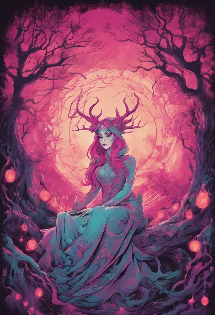 illustrate, splash page comic, 90's action cinematic, throne of power, maximal power, flourishing flowers in bloom throne, throne made of flowers and vines, rewilding, entropy, Flower feminine wendigo, wendigo features, resembles wendigo, wendigo facial features, flower horns, floating meditating seated on throne, flower hand drawn color, ink the style of sean gordon murphy and joelle jones, comic drawing, rare flowers, delicate petals, highly detailed flowers, garden, highly detailed trees and face, flower costume, detailed line art. color palette, evening dusk sunset, foreground butterflies and hummingbirds, colorful flower garden, dream garden, gardens under which rivers flow, beautiful gardens of everlasting bliss, vibrant botanical, tranquility