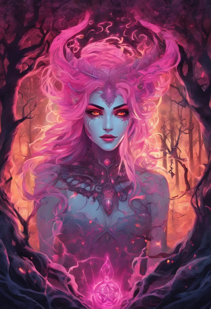 (a pink-haired demon woman,spells:1.1,glowing:1.1)(illustration)(best quality,ultra-detailed,realistic:1.37),demonic witch(demonic:1.1)(magic:1.1)(forest)(dark and mysterious,ominous atmosphere),casting powerful spells,creating magical energy(magic:1.1),vibrant pink hair(swirling pink hair)(flowing pink hair),horns(devil horns:1.1),piercing red eyes,enchanted scepter(magical scepter),elaborate dark robe,glowing magical sigils,fiery embers swirling(magical embers:1.1)(glowing embers),magical aura(glowing aura),eerie shadows,otherworldly presence(presence),sinister smile,nightfall in the background(dark night:1.1)(moonlit forest),lush and dense foliage(twisted trees)(mystical plants:1.1),mystical particles(swirling particles)(floating particles),ethereal glow(ethereal:1.1)(soft glow),faint moonlight breaking through the trees,haunting and captivating(scary atmosphere),bewitching beauty,wide range of colors(vivid colors)(contrasting colors),mystical realm,impressive details,dynamic composition,mesmerizing artwork,photorealistic style(picasso style),impressive shading and lighting,explosive energy,magical atmosphere(fantasy atmosphere),dreamlike scene