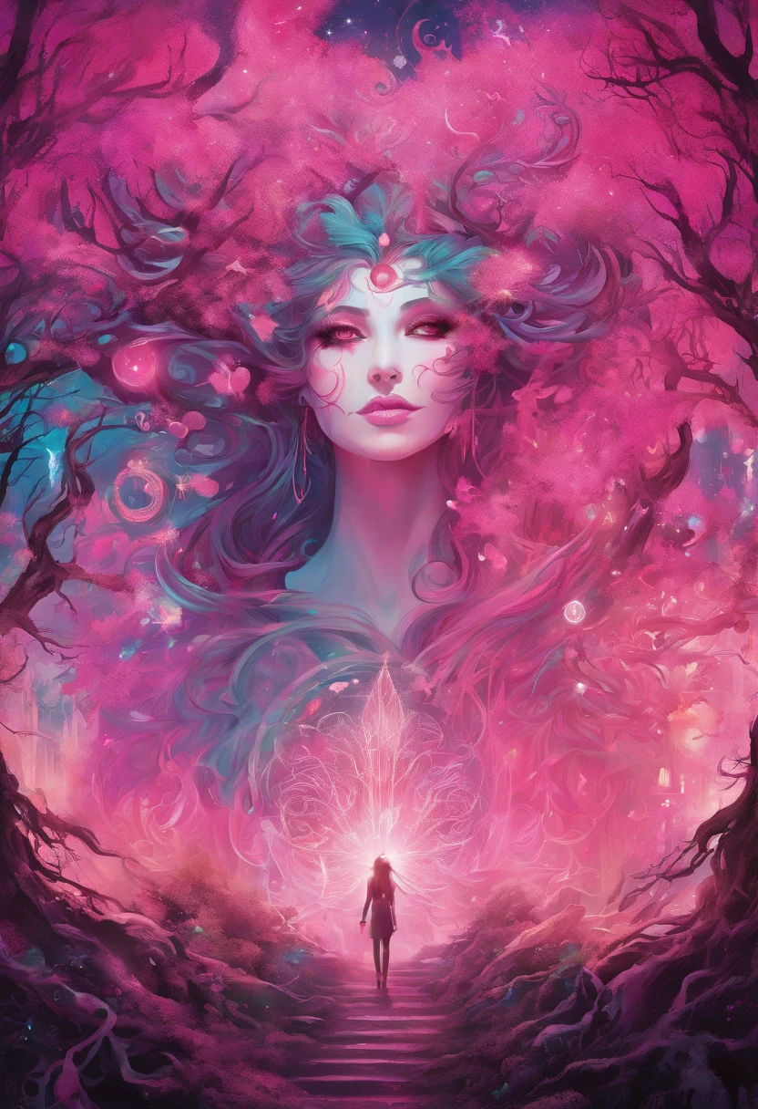 (a pink-haired demon woman,spells:1.1,glowing:1.1)(illustration)(best quality,ultra-detailed,realistic:1.37),demonic witch(demonic:1.1)(magic:1.1)(forest)(dark and mysterious,ominous atmosphere),casting powerful spells,creating magical energy(magic:1.1),vibrant pink hair(swirling pink hair)(flowing pink hair),horns(devil horns:1.1),piercing red eyes,enchanted scepter(magical scepter),elaborate dark robe,glowing magical sigils,fiery embers swirling(magical embers:1.1)(glowing embers),magical aura(glowing aura),eerie shadows,otherworldly presence(presence),sinister smile,nightfall in the background(dark night:1.1)(moonlit forest),lush and dense foliage(twisted trees)(mystical plants:1.1),mystical particles(swirling particles)(floating particles),ethereal glow(ethereal:1.1)(soft glow),faint moonlight breaking through the trees,haunting and captivating(scary atmosphere),bewitching beauty,wide range of colors(vivid colors)(contrasting colors),mystical realm,impressive details,dynamic composition,mesmerizing artwork,photorealistic style(picasso style),impressive shading and lighting,explosive energy,magical atmosphere(fantasy atmosphere),dreamlike scene