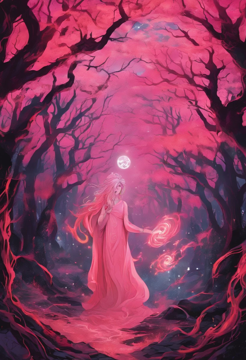 (a pink-haired demon woman,spells:1.1,glowing:1.1)(illustration)(best quality,ultra-detailed,realistic:1.37),demonic witch(demonic:1.1)(magic:1.1)(forest)(dark and mysterious,ominous atmosphere),casting powerful spells,creating magical energy(magic:1.1),vibrant pink hair(swirling pink hair)(flowing pink hair),horns(devil horns:1.1),piercing red eyes,enchanted scepter(magical scepter),elaborate dark robe,glowing magical sigils,fiery embers swirling(magical embers:1.1)(glowing embers),magical aura(glowing aura),eerie shadows,otherworldly presence(presence),sinister smile,nightfall in the background(dark night:1.1)(moonlit forest),lush and dense foliage(twisted trees)(mystical plants:1.1),mystical particles(swirling particles)(floating particles),ethereal glow(ethereal:1.1)(soft glow),faint moonlight breaking through the trees,haunting and captivating(scary atmosphere),bewitching beauty,wide range of colors(vivid colors)(contrasting colors),mystical realm,impressive details,dynamic composition,mesmerizing artwork,photorealistic style(picasso style),impressive shading and lighting,explosive energy,magical atmosphere(fantasy atmosphere),dreamlike scene