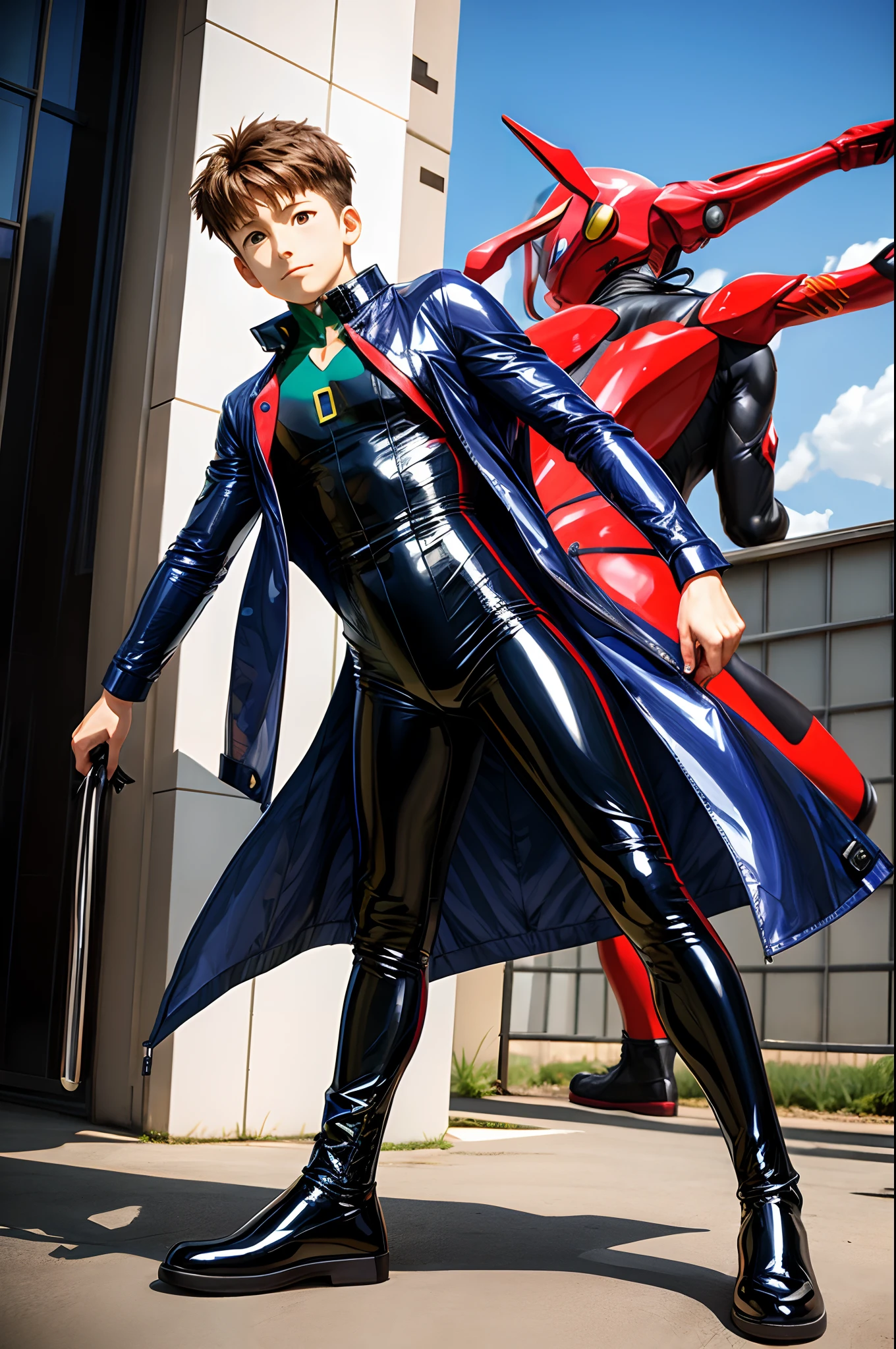 Shin Evangelion，shinji 、Tight combat suit，Blue latex coat,latex shiny，Full body photo