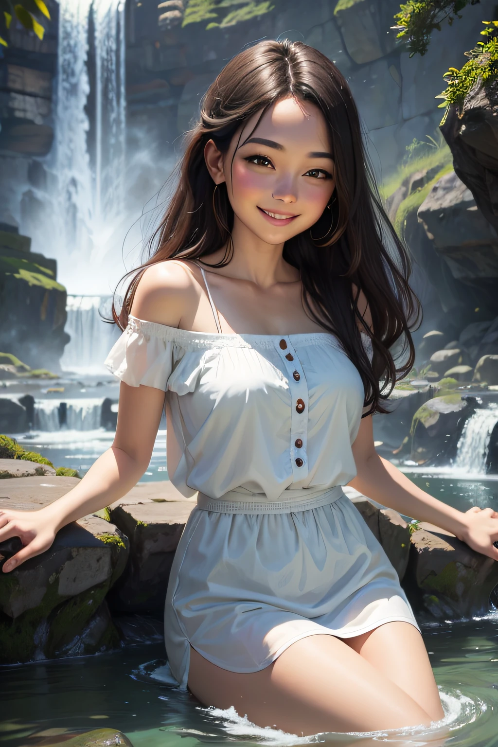 Smiling woman by the waterfall