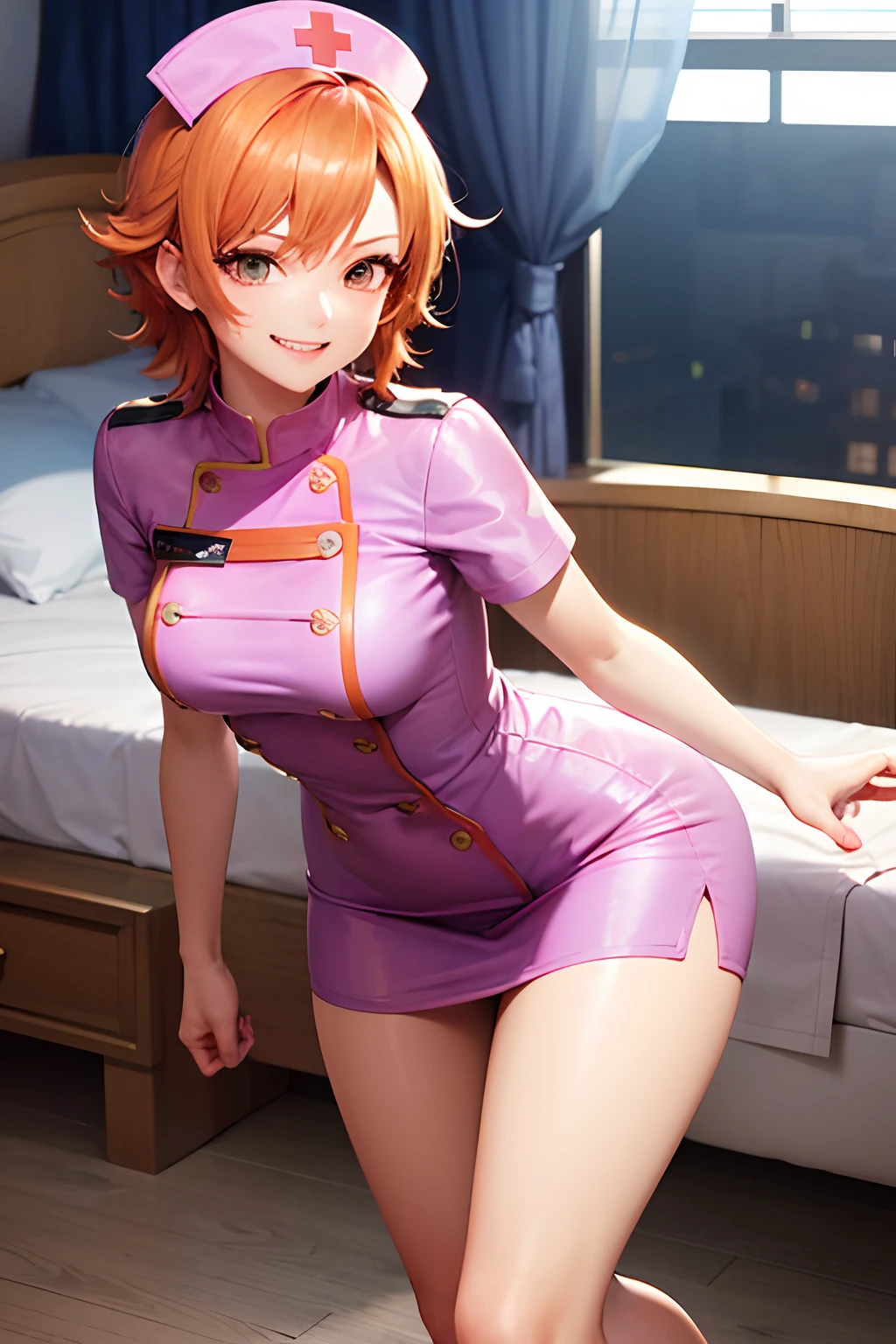 Hi-Res、Nami (onepiece)、masuter piece、top-quality、hight resolution、Adult woman 、独奏、grinning evily、evil smile、Evil plan、Orange hair、Pink nurse clothes、shorth hair、Brown-eyed、a miniskirt、darkened room、a bed