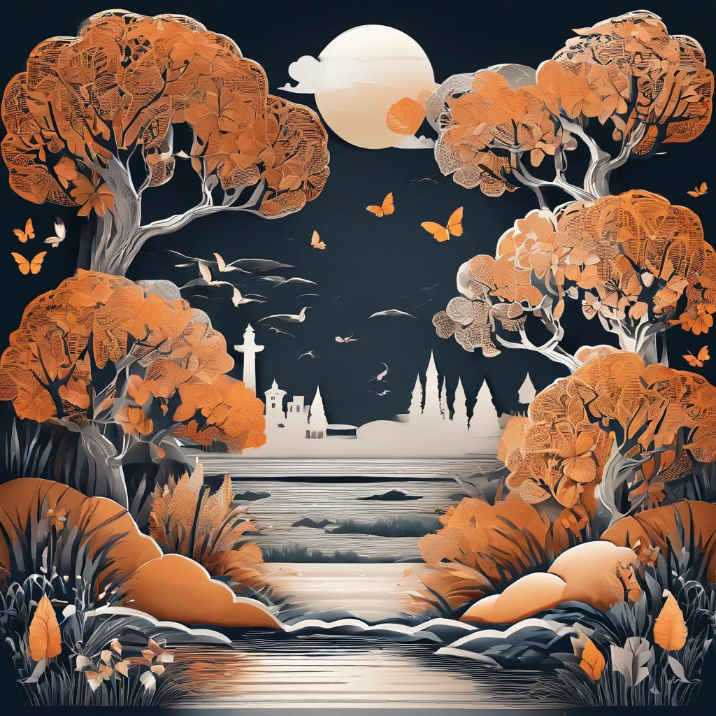 (best quality,4k,highres,masterpiece:1.2),ultra-detailed,realistic,hdr,dreamy orange and black pastel color palette,intricate paper art style illustration,forest,river running,colorful butterflies,dense foliage,vibrant flowers,towering trees,sunlight filtering through the leaves,peaceful atmosphere,reflection on the water,serene ambiance,soft lighting,dream-like,ethereal scenery,magical and enchanting environment.