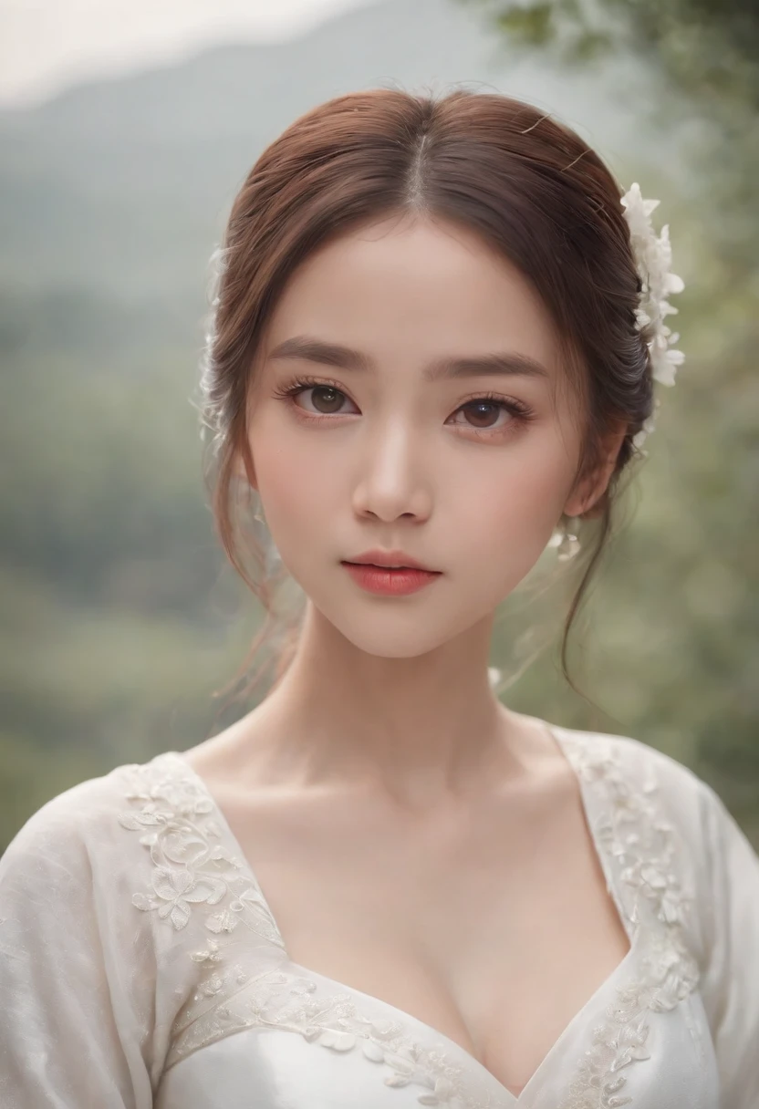 masterpiece,high quality,high-definition,extremely detailed,1girl, detailed eyes, detailed face, upper body, breast,brown eyes,hanfu,white dress,