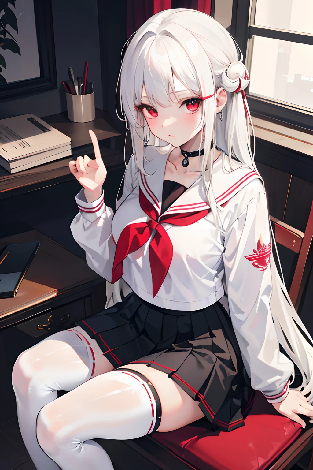 (masterpiece), (best quality), 1girl, medium breast, white hair, long hair, red eyes, (white seifuku:1.2), (pleated black skirt:1.2), bare breasts, cleavage, choker, (black stockings:1.2), sitting, chair, seductive pose,