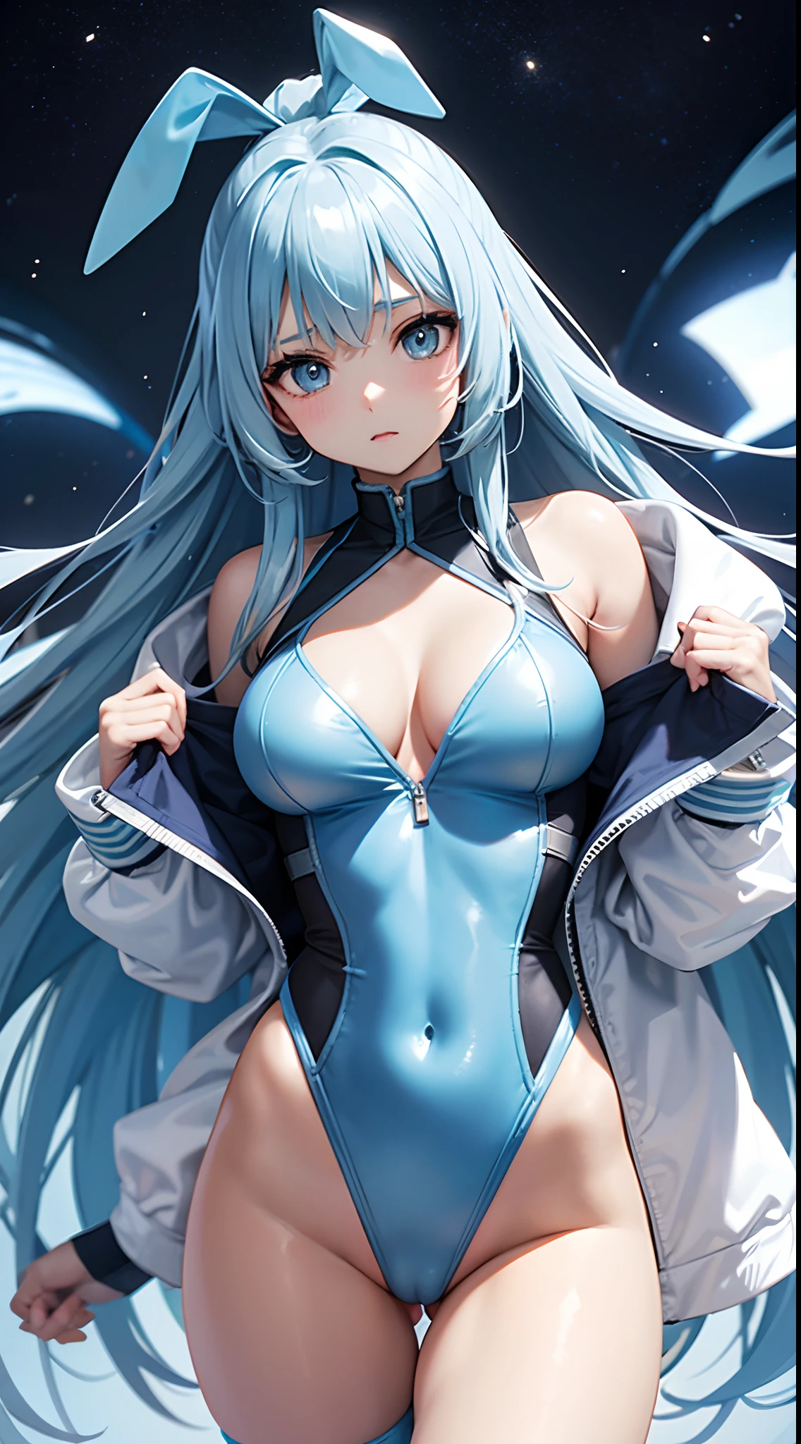 Space Warrior Girl with long hair in light blue White leotard jacket Open the jacket to check your cleavage After that, you can see the buttocks white panty