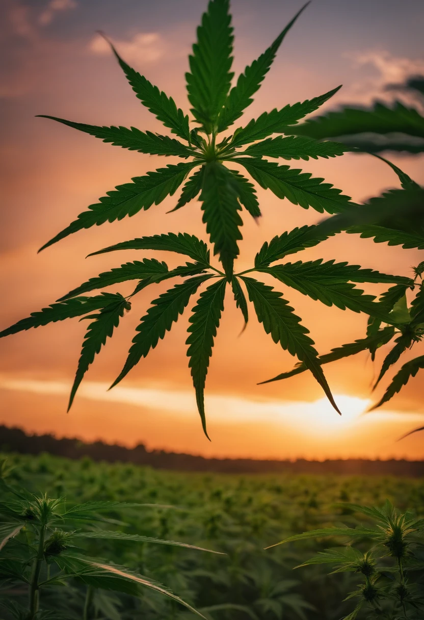 Please describe the image of a sunset in the background of a cannabis plantation