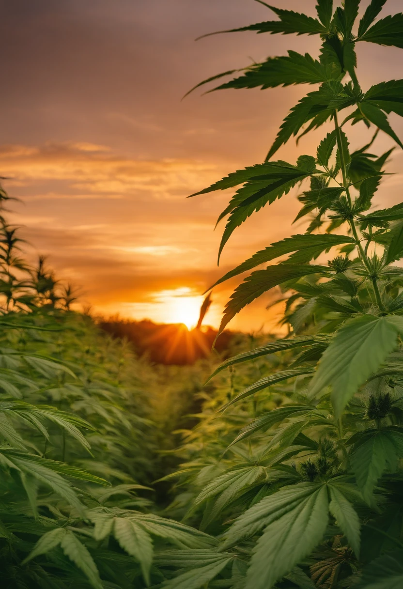 Please describe the image of a sunset in the background of a cannabis plantation