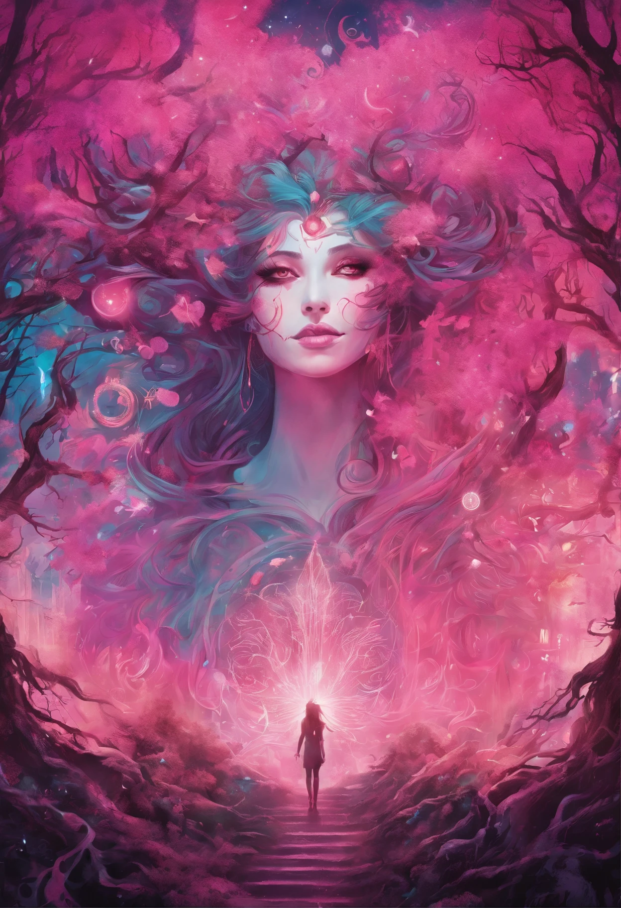 (a pink-haired demon woman,spells:1.1,glowing:1.1)(illustration)(best quality,ultra-detailed,realistic:1.37),demonic witch(demonic:1.1)(magic:1.1)(forest)(dark and mysterious,ominous atmosphere),casting powerful spells,creating magical energy(magic:1.1),vibrant pink hair(swirling pink hair)(flowing pink hair),horns(devil horns:1.1),piercing red eyes,enchanted scepter(magical scepter),elaborate dark robe,glowing magical sigils,fiery embers swirling(magical embers:1.1)(glowing embers),magical aura(glowing aura),eerie shadows,otherworldly presence(presence),sinister smile,nightfall in the background(dark night:1.1)(moonlit forest),lush and dense foliage(twisted trees)(mystical plants:1.1),mystical particles(swirling particles)(floating particles),ethereal glow(ethereal:1.1)(soft glow),faint moonlight breaking through the trees,haunting and captivating(scary atmosphere),bewitching beauty,wide range of colors(vivid colors)(contrasting colors),mystical realm,impressive details,dynamic composition,mesmerizing artwork,photorealistic style(picasso style),impressive shading and lighting,explosive energy,magical atmosphere(fantasy atmosphere),dreamlike scene