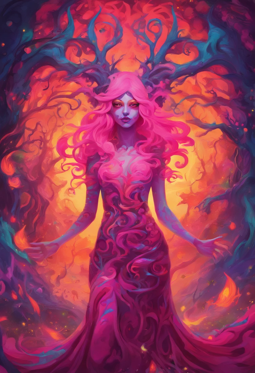 (a pink-haired demon woman,spells:1.1,glowing:1.1)(illustration)(best quality,ultra-detailed,realistic:1.37),demonic witch(demonic:1.1)(magic:1.1)(forest)(dark and mysterious,ominous atmosphere),casting powerful spells,creating magical energy(magic:1.1),vibrant pink hair(swirling pink hair)(flowing pink hair),horns(devil horns:1.1),piercing red eyes,enchanted scepter(magical scepter),elaborate dark robe,glowing magical sigils,fiery embers swirling(magical embers:1.1)(glowing embers),magical aura(glowing aura),eerie shadows,otherworldly presence(presence),sinister smile,nightfall in the background(dark night:1.1)(moonlit forest),lush and dense foliage(twisted trees)(mystical plants:1.1),mystical particles(swirling particles)(floating particles),ethereal glow(ethereal:1.1)(soft glow),faint moonlight breaking through the trees,haunting and captivating(scary atmosphere),bewitching beauty,wide range of colors(vivid colors)(contrasting colors),mystical realm,impressive details,dynamic composition,mesmerizing artwork,photorealistic style(picasso style),impressive shading and lighting,explosive energy,magical atmosphere(fantasy atmosphere),dreamlike scene