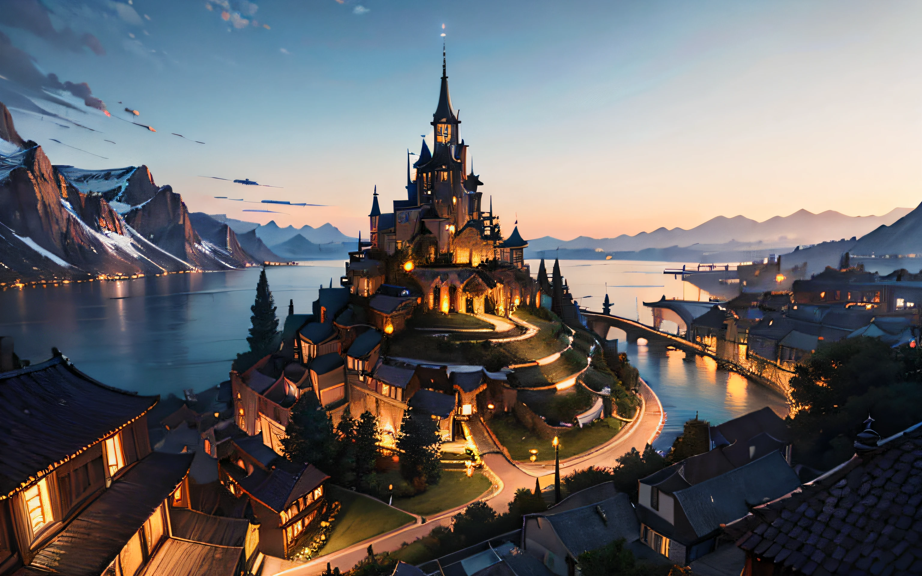 (masterpiece:1.3), (best quality:1.3), Ultra high Res,  absurd quality, photography, atmospheric perspective, canvas painting, cinematic, very detailed illustration, dark theme, wide range shot, detailed background, depth of field, Illustrate the Doughty ancient city, mountains and rivers, night, firefly lights, rich in detail, medieval, fantasy, city view, a sense of history and intrigue, surrounded by houses, first person perspective
