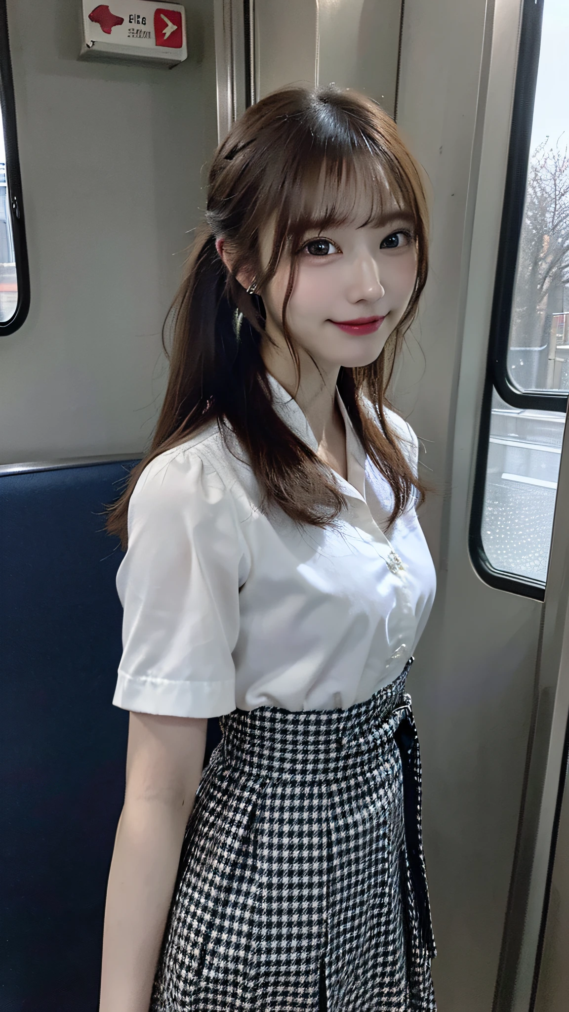 (masterpiece:1.3), (8K, Photorealsitic, Raw photography, Top image quality: 1.4), Japan high school girls、(Random hairstyles:1.2)、(small tits:1.3)、Super Detail Face、Eye of Detail、二重まぶた、foco nítido:1.2、prety woman:1.4、light brown hair、top-quality、masterpiece、超A high resolution、(Photorealsitic:1.4)、very detailed and professional lighting、slender、(A smile)、(eye line:1.1)、Japanese girls' high school uniform、The skirt is plaid、(In the train car)、(Profile looking out the window of the door:1.5)、(The skirt is not high waist:1.2)