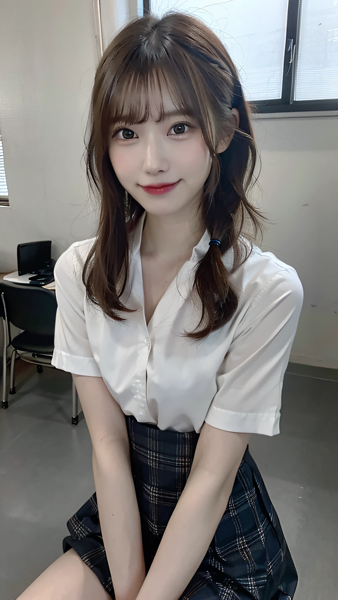 (masterpiece:1.3), (8K, Photorealsitic, Raw photography, Top image quality: 1.4), Japan high school girls、(Random hairstyles:1.2)、(small tits:1.3)、Super Detail Face、Eye of Detail、二重まぶた、foco nítido:1.2、prety woman:1.4、light brown hair、top-quality、masterpiece、超A high resolution、(Photorealsitic:1.4)、very detailed and professional lighting、slender、(A smile)、(eye line:1.1)、(Looking at the camera)、Japanese girls' high school uniform、The skirt is plaid、(Sitting at a desk in a high school classroom)、Textbooks and pens are placed on the desk、