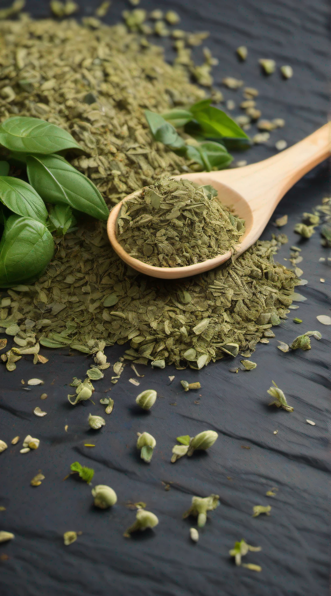 A closeup of a spoonful of oregano next to a pile of oregano, a photo by Jan Zrzavý, Shutterstock, Renascimento, ervas secas, basil leaves instead of leaves, Ervas, basil, Especiarias, Foto  fumando, Salvia, na moda, mint leaves