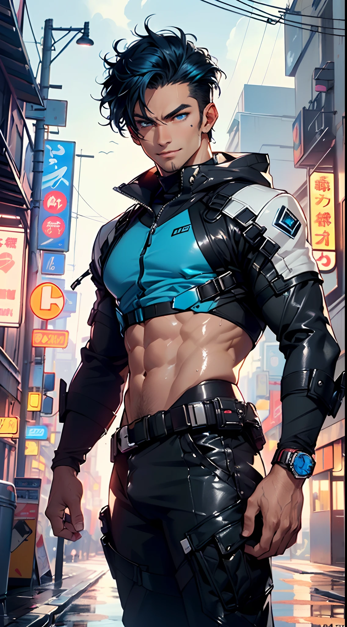 muscular man,(((1man))),((anime man muscular walking down the street)),

(((1male,man,handsome man,male,male gender,male focus))),

((short white hair)),(((lustrous skin:1.5,tanned skin,bright skin: 1.5,skin tanned,shiny skin,very shiny skin,shiny body))),((detailed eyes,perfect eyes,rainbow glows ultra-detailed orange brown eyes:1.1,gradient eyes:1,finely detailed beautiful eyes:1,symmetrical eyes:1,big highlight on eyes:1.2,exaggerated muscles,exaggerated shoulders,very muscular and huge)),man chest,handsome face,((((muscular,hairy body,muscular man,tall,big biceps,abs,big thighs,broad shoulders,open chest)))),((hand consists of a short thumb and four fingers,a hand with only five fingers,(detailed face))),(((square jaw))),

alluring look,nsfw,

(((bare chest,shirtless))),motorcyclist pants,((bulge in pants)),((motorcyclist outfit)),(wearing a motorcyclist outfit:1.3,motorcyclist clothes),(detailed outfit,detailed clothes),

(dynamic pose:1.0),solo focus,((evil smile,evil look)),centered,scale to fit dimensions,Rule of thirds,

outdoors,((night view)),(cyberpunk night street Background: 1.5,dark sky,alleyway,lonely alley,thick clouds,detailed background:1.25),

(best quality),(high resolution),(sharp focus),(ultra detailed),(extremely detailed),(extremely high quality artwork),8k_wallpaper,(extremely detailed CG 8k),(very fine 8K CG),((hyper super ultra detailed perfect piece)),flawless,(((masterpiece))),illustration,vibrant colors,(intricate),High contrast,Selective lighting,Double exposure,HDR (High Dynamic Range),Post-processing,Background blur,