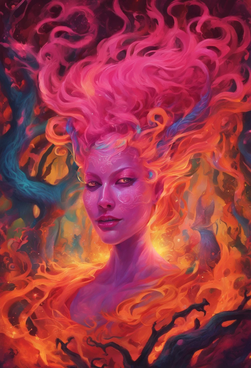 (a pink-haired demon woman,spells:1.1,glowing:1.1)(illustration)(best quality,ultra-detailed,realistic:1.37),demonic witch(demonic:1.1)(magic:1.1)(forest)(dark and mysterious,ominous atmosphere),casting powerful spells,creating magical energy(magic:1.1),vibrant pink hair(swirling pink hair)(flowing pink hair),horns(devil horns:1.1),piercing red eyes,enchanted scepter(magical scepter),elaborate dark robe,glowing magical sigils,fiery embers swirling(magical embers:1.1)(glowing embers),magical aura(glowing aura),eerie shadows,otherworldly presence(presence),sinister smile,nightfall in the background(dark night:1.1)(moonlit forest),lush and dense foliage(twisted trees)(mystical plants:1.1),mystical particles(swirling particles)(floating particles),ethereal glow(ethereal:1.1)(soft glow),faint moonlight breaking through the trees,haunting and captivating(scary atmosphere),bewitching beauty,wide range of colors(vivid colors)(contrasting colors),mystical realm,impressive details,dynamic composition,mesmerizing artwork,photorealistic style(picasso style),impressive shading and lighting,explosive energy,magical atmosphere(fantasy atmosphere),dreamlike scene