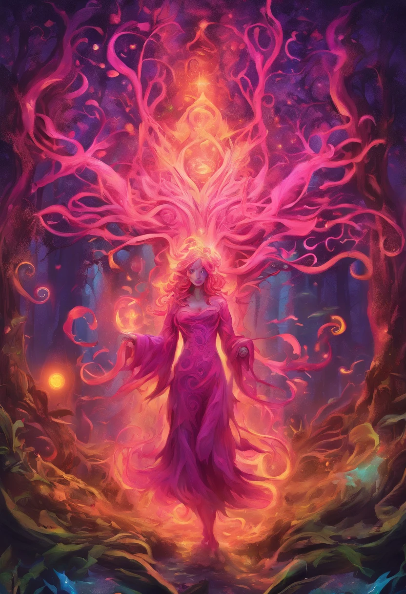 (a pink-haired demon woman,spells:1.1,glowing:1.1)(illustration)(best quality,ultra-detailed,realistic:1.37),demonic witch(demonic:1.1)(magic:1.1)(forest)(dark and mysterious,ominous atmosphere),casting powerful spells,creating magical energy(magic:1.1),vibrant pink hair(swirling pink hair)(flowing pink hair),horns(devil horns:1.1),piercing red eyes,enchanted scepter(magical scepter),elaborate dark robe,glowing magical sigils,fiery embers swirling(magical embers:1.1)(glowing embers),magical aura(glowing aura),eerie shadows,otherworldly presence(presence),sinister smile,nightfall in the background(dark night:1.1)(moonlit forest),lush and dense foliage(twisted trees)(mystical plants:1.1),mystical particles(swirling particles)(floating particles),ethereal glow(ethereal:1.1)(soft glow),faint moonlight breaking through the trees,haunting and captivating(scary atmosphere),bewitching beauty,wide range of colors(vivid colors)(contrasting colors),mystical realm,impressive details,dynamic composition,mesmerizing artwork,photorealistic style(picasso style),impressive shading and lighting,explosive energy,magical atmosphere(fantasy atmosphere),dreamlike scene