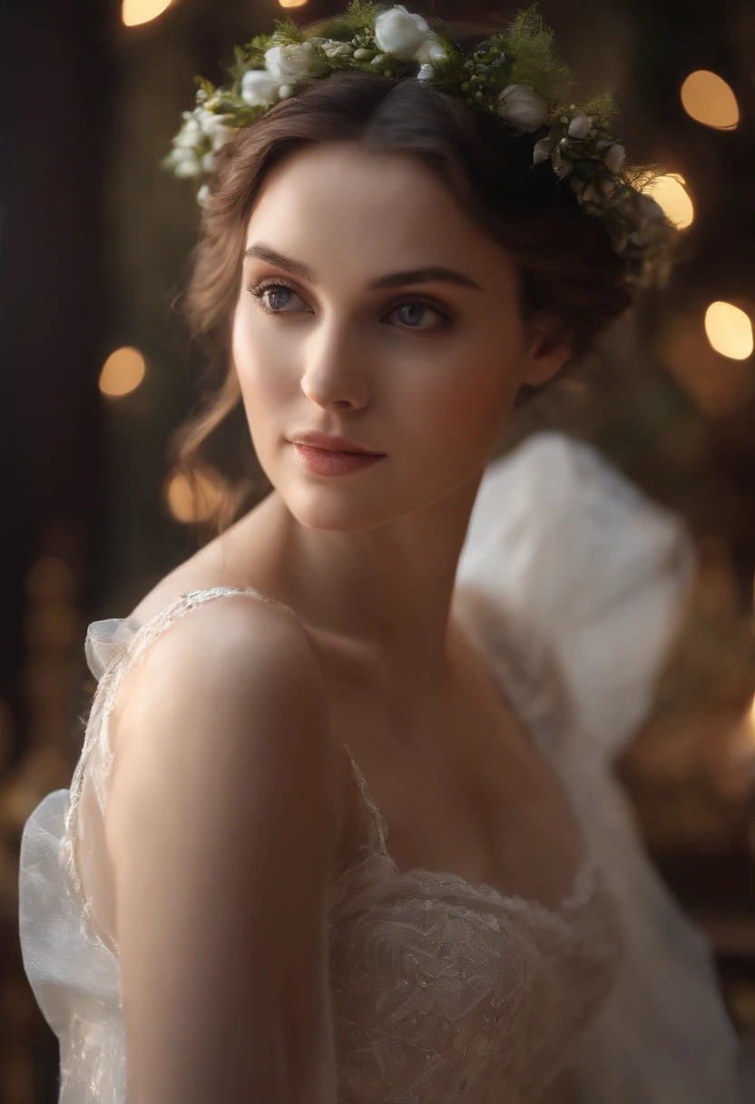 Atmospheric, gentle, fairy, looking back from the side, facing the lens, best quality, 8k ultra-realistic, High detail Depth of field,full bodyesbian (8k,RAW photos,best qualtiy,tmasterpiece:1.2),(realisticlying,Photorealistic:1.37),(Sharp focus:1.2), profesional lighting, フォトンマッピング, ラジオシティ, physically-based renderingt, (smallunderboob:1.2),Transparent lighting